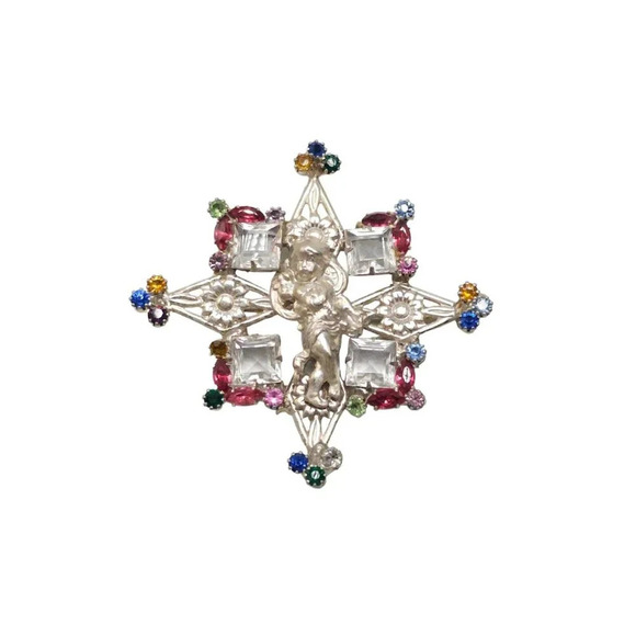 Multi-color Rhinestones Cherub Cross Brooch Pin Silver Tone Retro Style - Picture 1 of 4